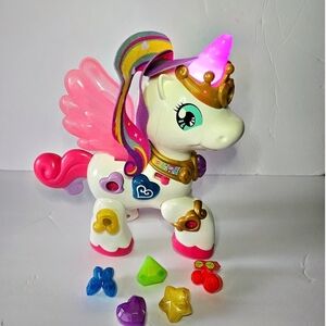 Light-Up Pink & White Unicorn Toy with Colorful Mane and Removable Gems